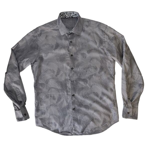 Bugatchi Uomo Gray Palm Tree Leaves Flip Cuff Button Up Long Sleeve Shirt Size M - Picture 1 of 13